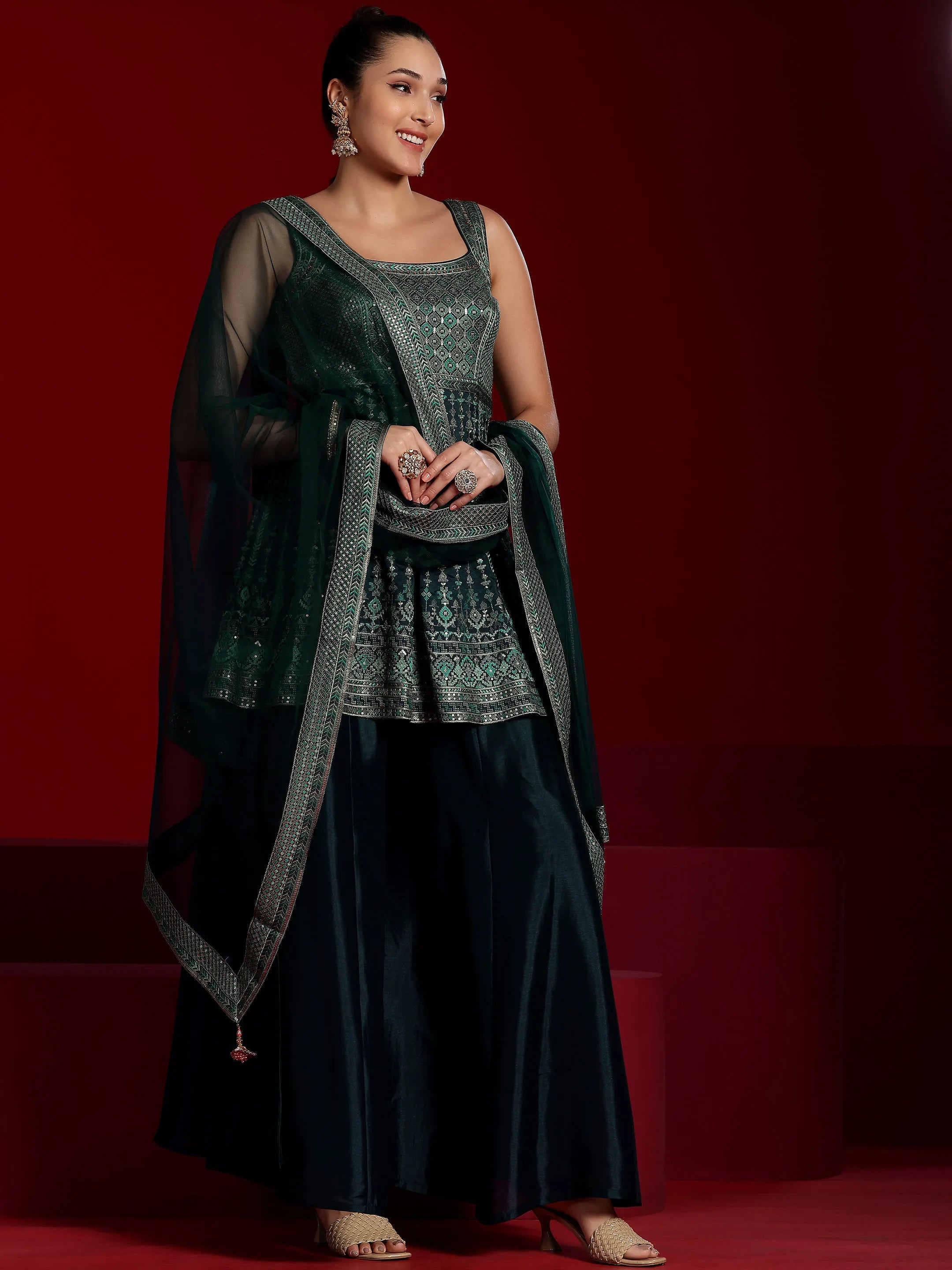 Libas Art Blue Embroidered Silk Blend A-Line Kurta With Palazzos & Dupatta-picture-36