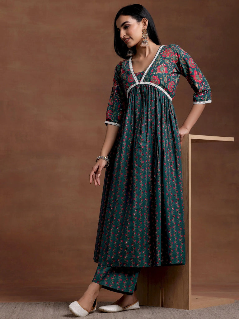 Libas Blue Printed Cotton A-Line Kurta With Palazzos
