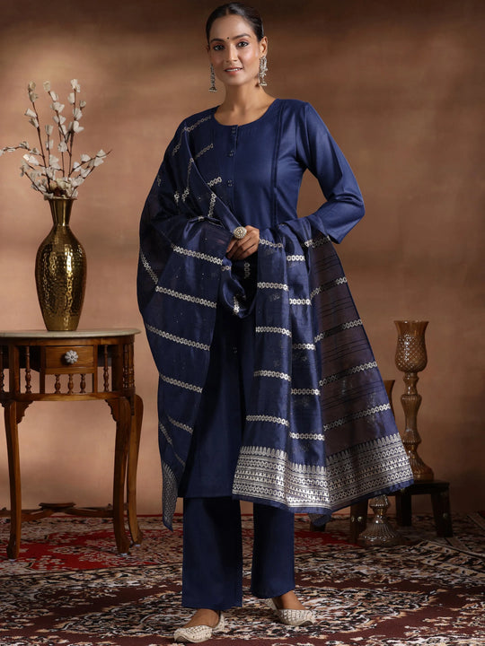 Blue Solid Silk Blend Straight Suit With Dupatta