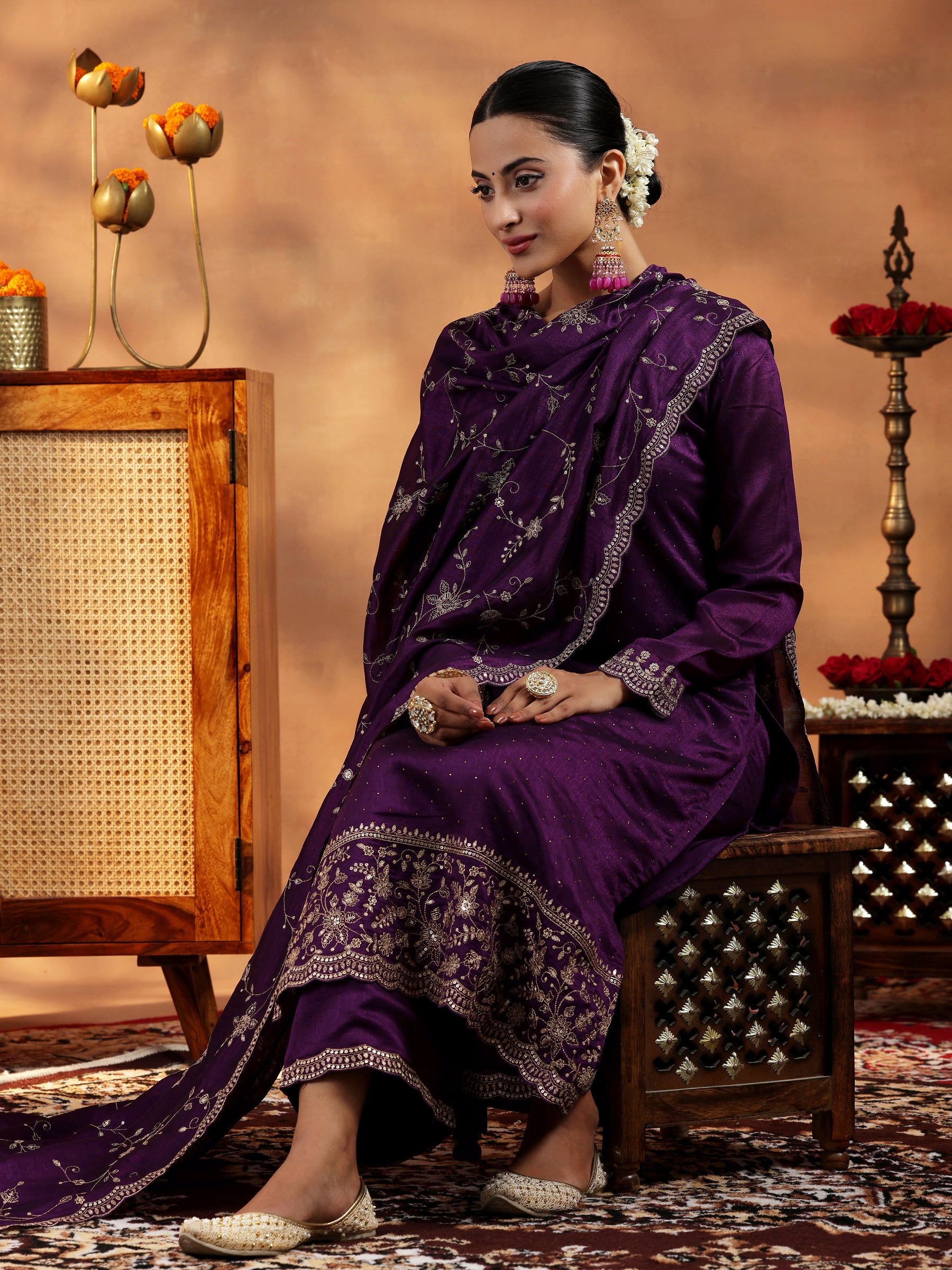 Burgundy Embroidered Silk Blend Straight Suit With Dupatta