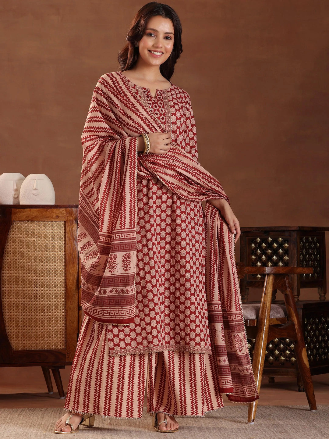 Maroon Printed Cotton Straight Suit With Dupatta - Libas 