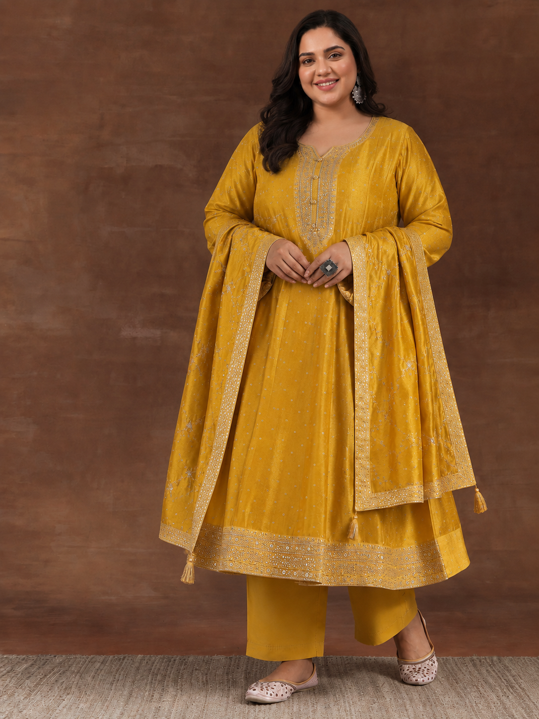 libas Plus Size Mustard Floral Embroidered Silk Blend A-Line Suit Set-picture-15