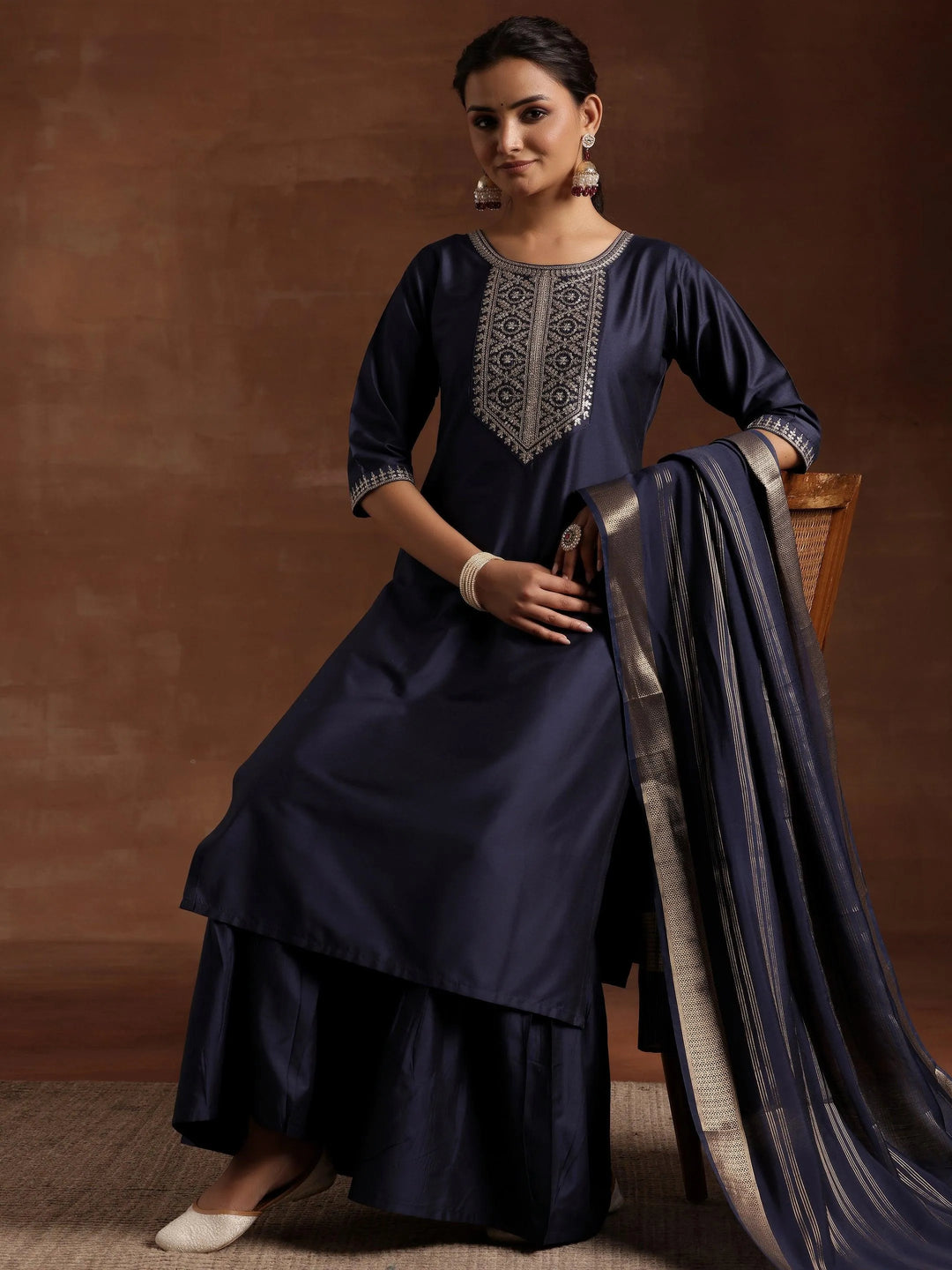 Blue Yoke Design Silk Blend Straight Suit With Dupatta - Libas