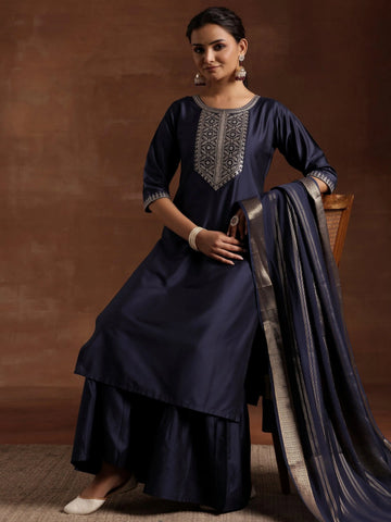 Blue Yoke Design Silk Blend Straight Suit With Dupatta
