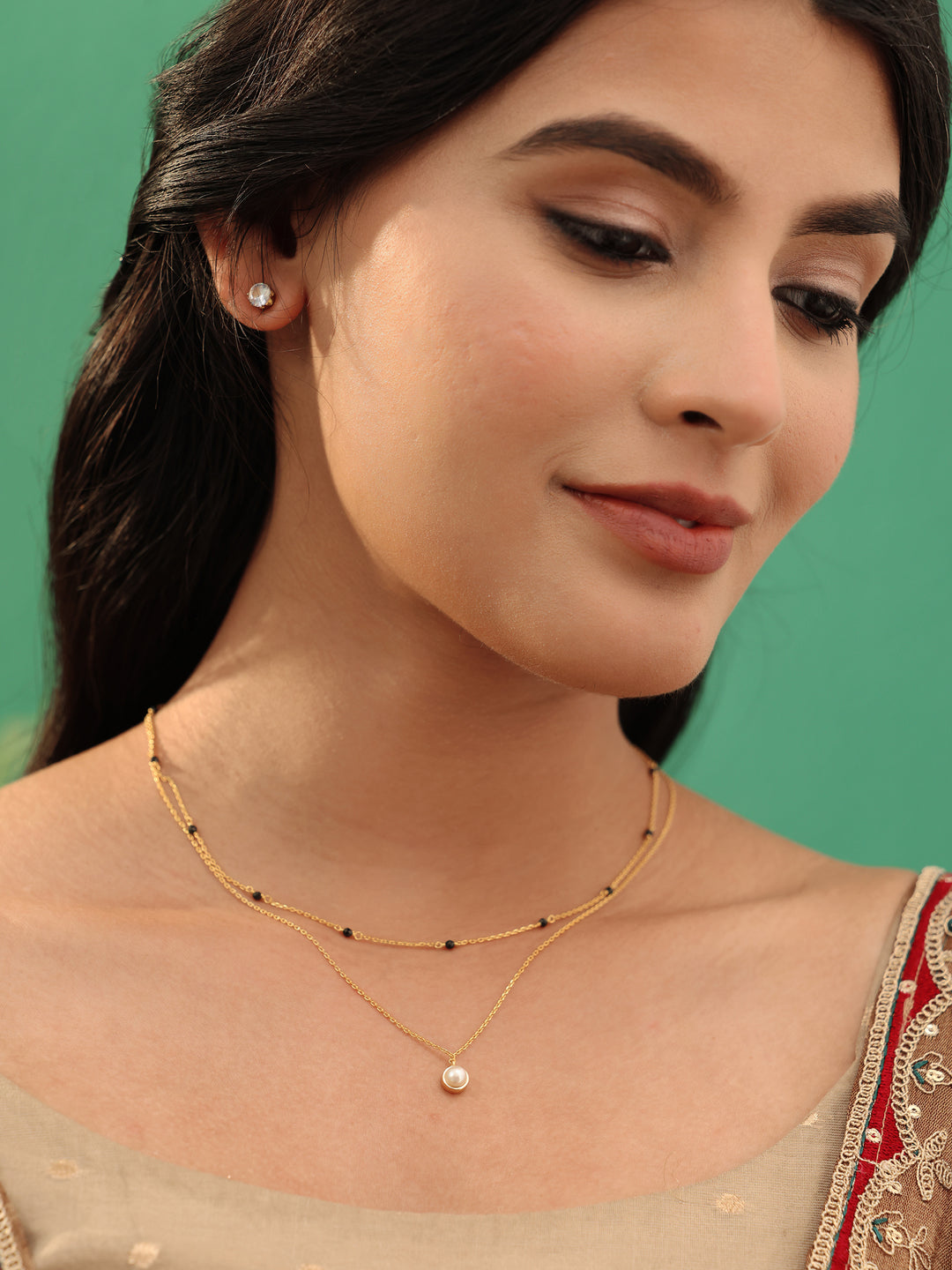  Libas Gold Plated Double-Layered Mangalsutra with Pearl Pendant 