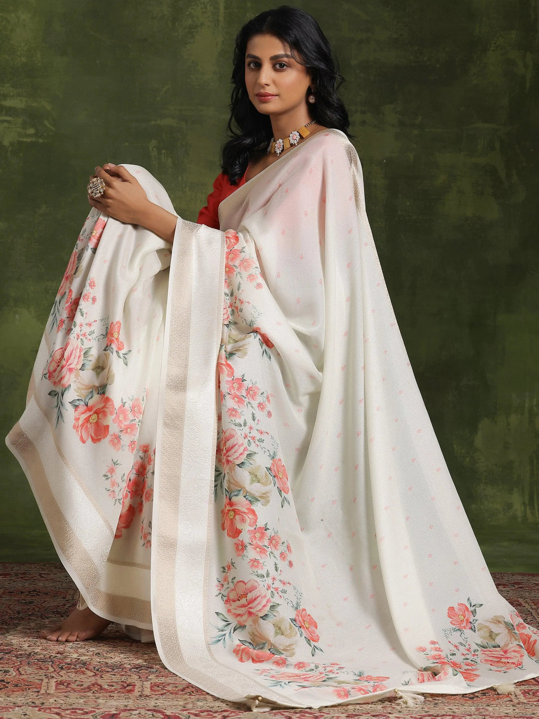 Off White Printed Silk Blend Saree With Unstitched Blouse Piece - Libas 