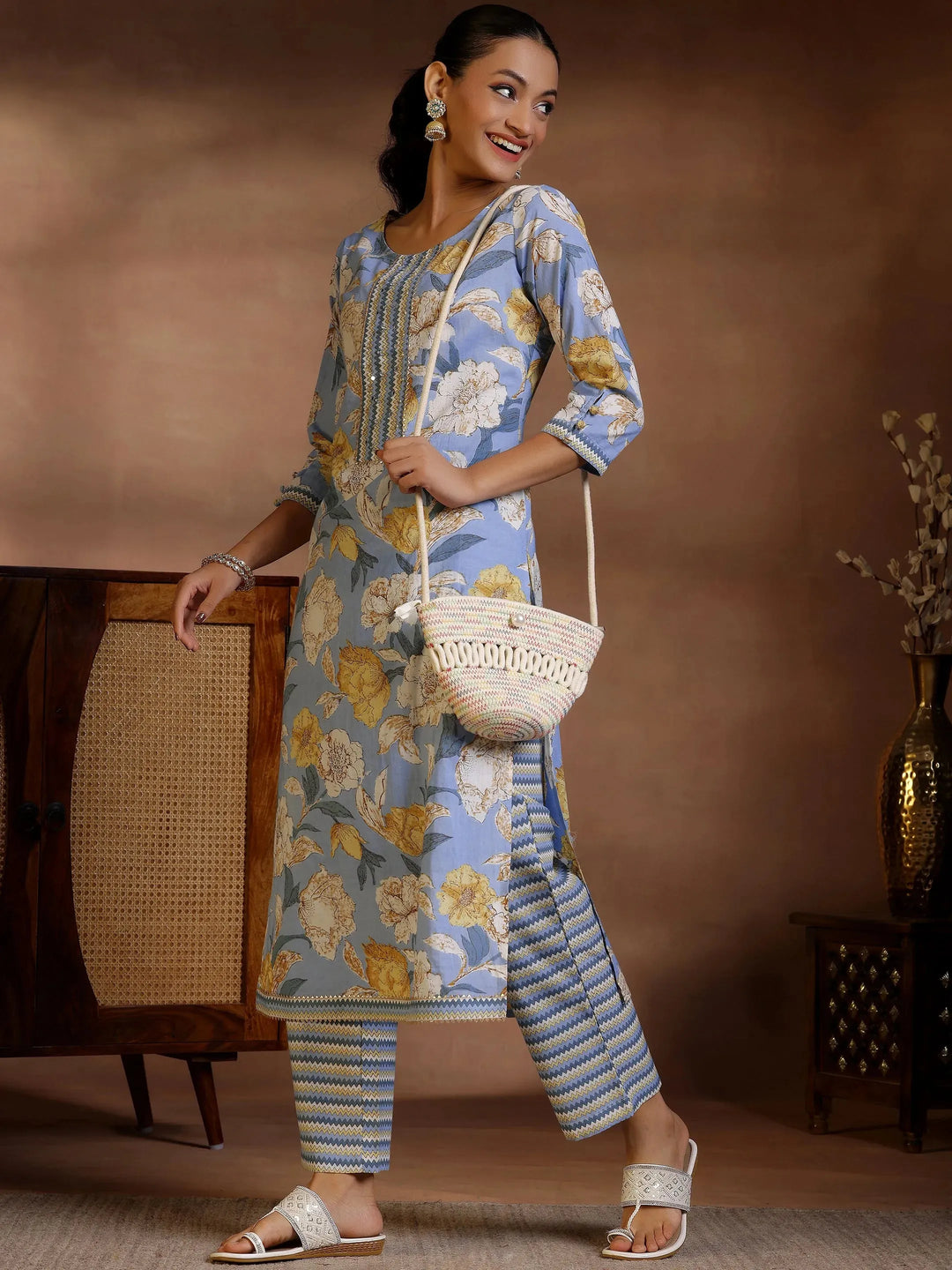 Blue Printed Cotton Straight Kurta Set