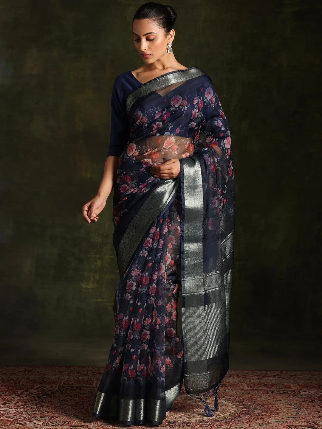Blue Printed Organza Saree With Unstitched Blouse Piece - Libas 