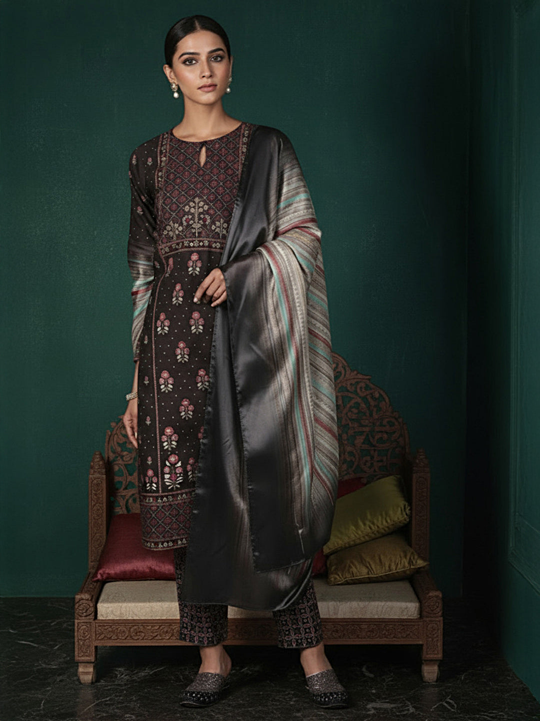  Charcoal Printed Silk Blend Straight Kurta With Dupatta 