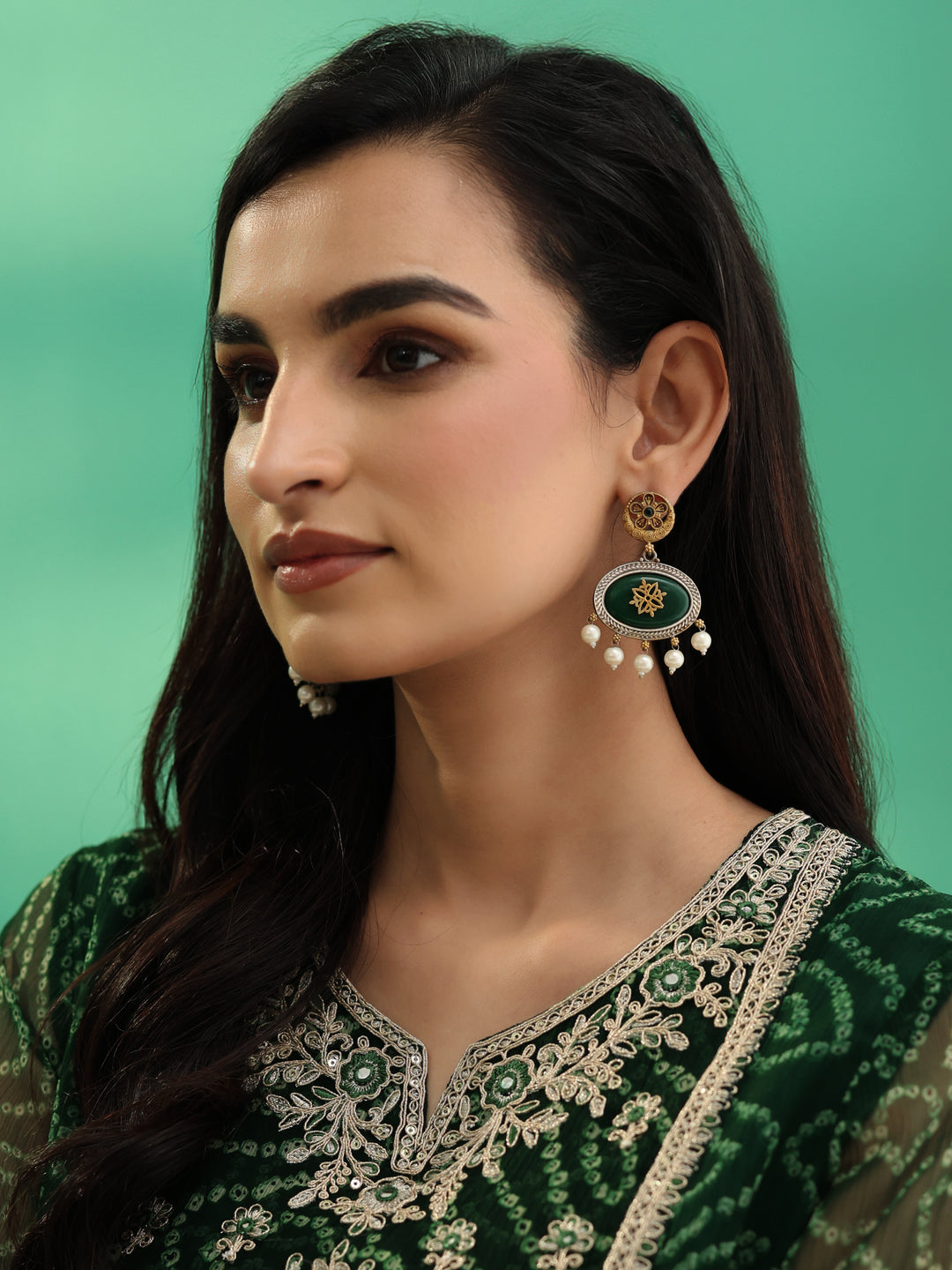  Libas Green Stone Statement Earrings with Pearl Drops 