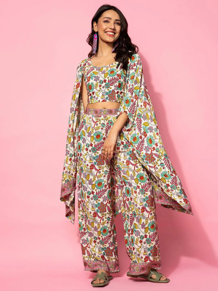 Cream Printed Silk Blend Co-Ords - Libas