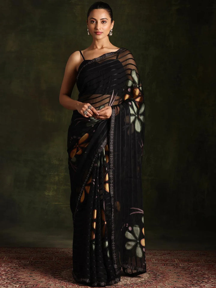 Black Woven Design Brasso Saree With Unstitched Blouse Piece - Libas