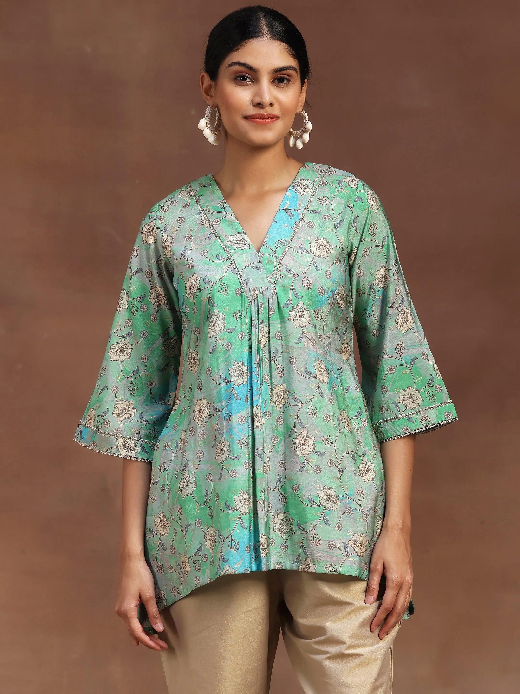 libas Green Printed Silk Blend A-Line Kurti-picture-23