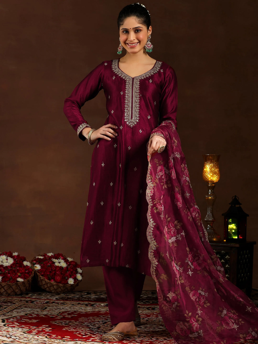  Maroon Embroidered Silk Blend Straight Suit With Dupatta 