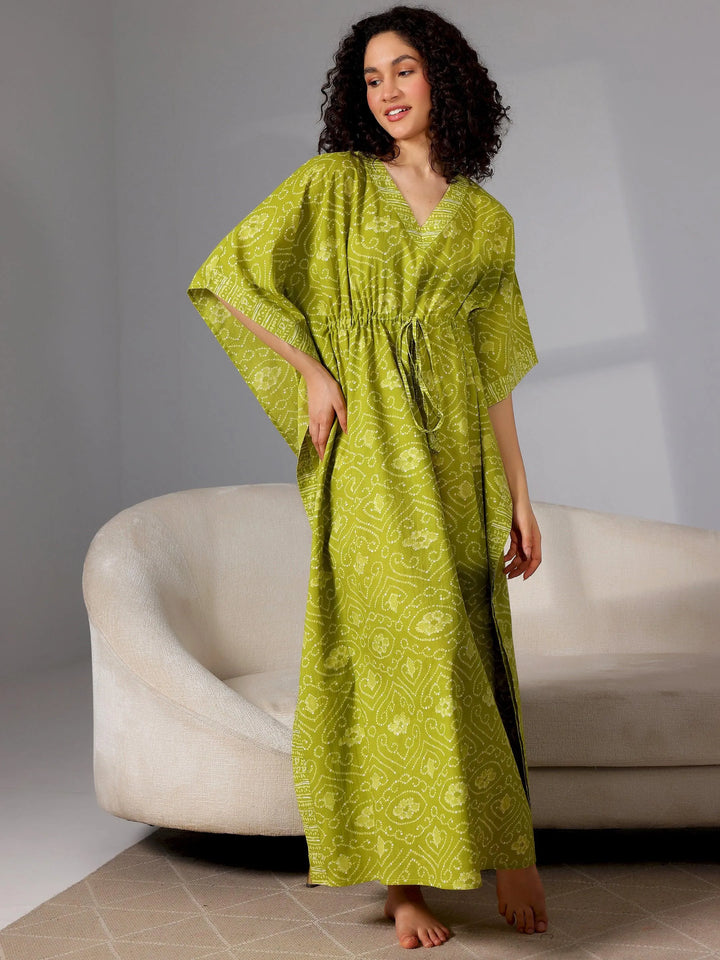 Green Printed Cotton Kaftan Night Dress - Libas