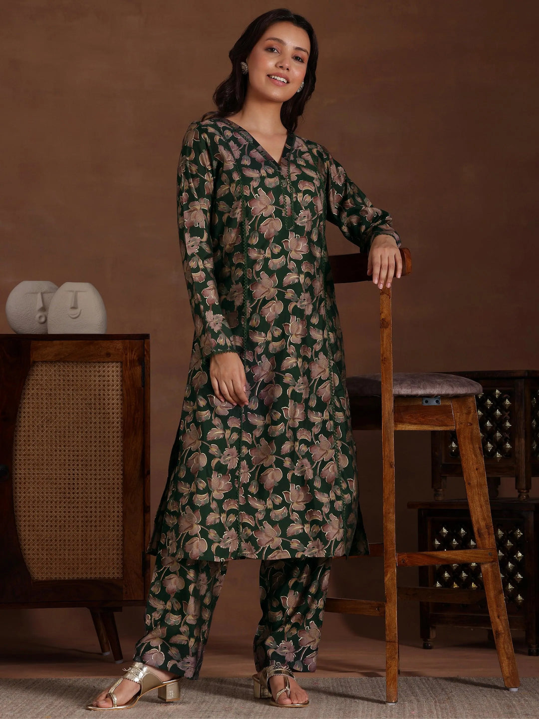 Green Printed Silk Blend Co-Ords - Libas 