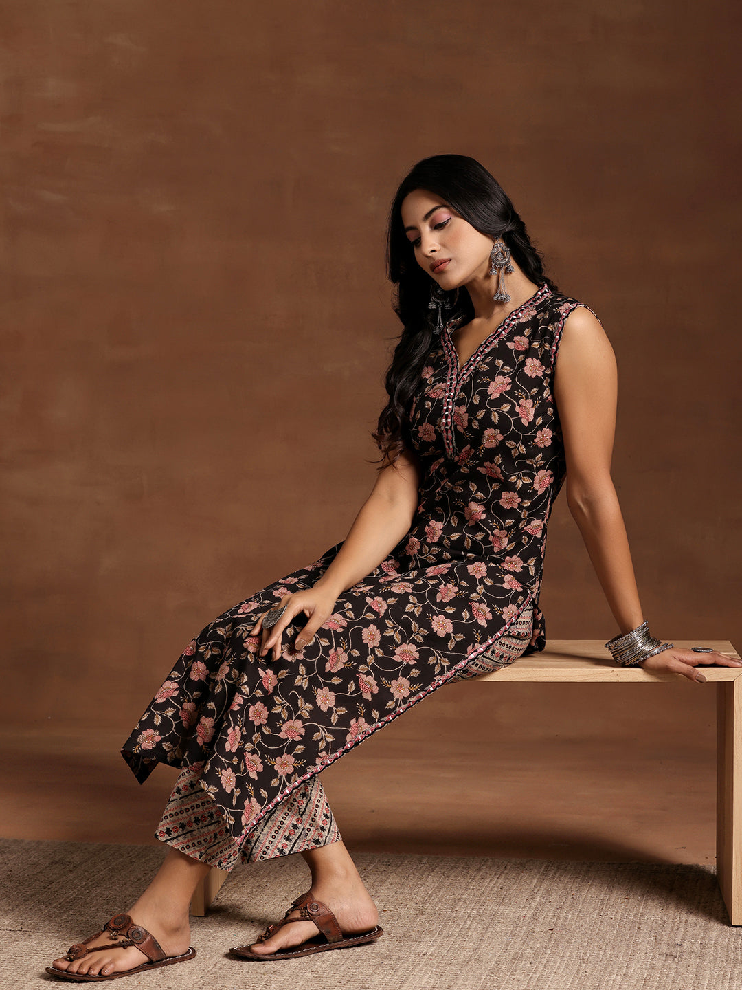 Black Printed Cotton Straight Kurta Set-image-3