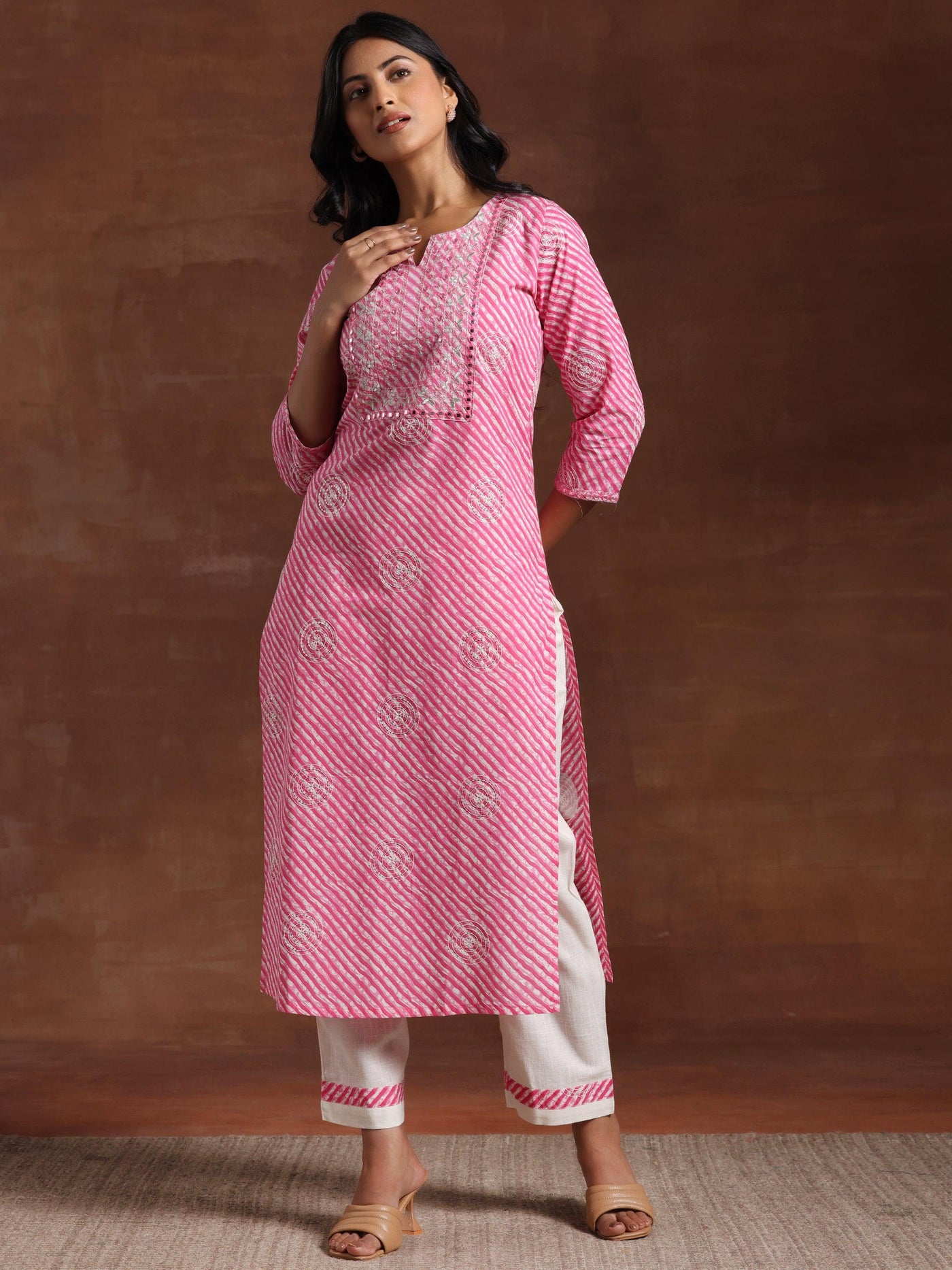 Pink Printed Cotton Straight Kurta Set - Libas