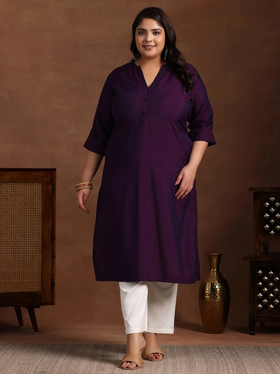  Plus Size Purple Woven Design Silk Straight Kurta 
