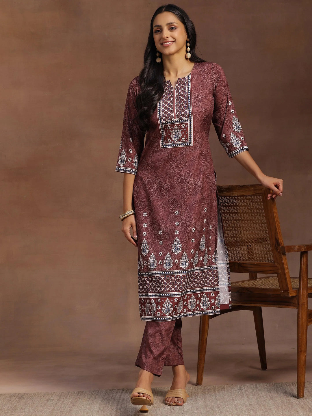 Brown Printed Poly Crepe Straight Kurta With Trousers - Libas 