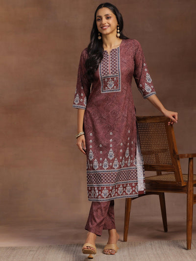Brown Printed Poly Crepe Straight Kurta With Trousers - Libas