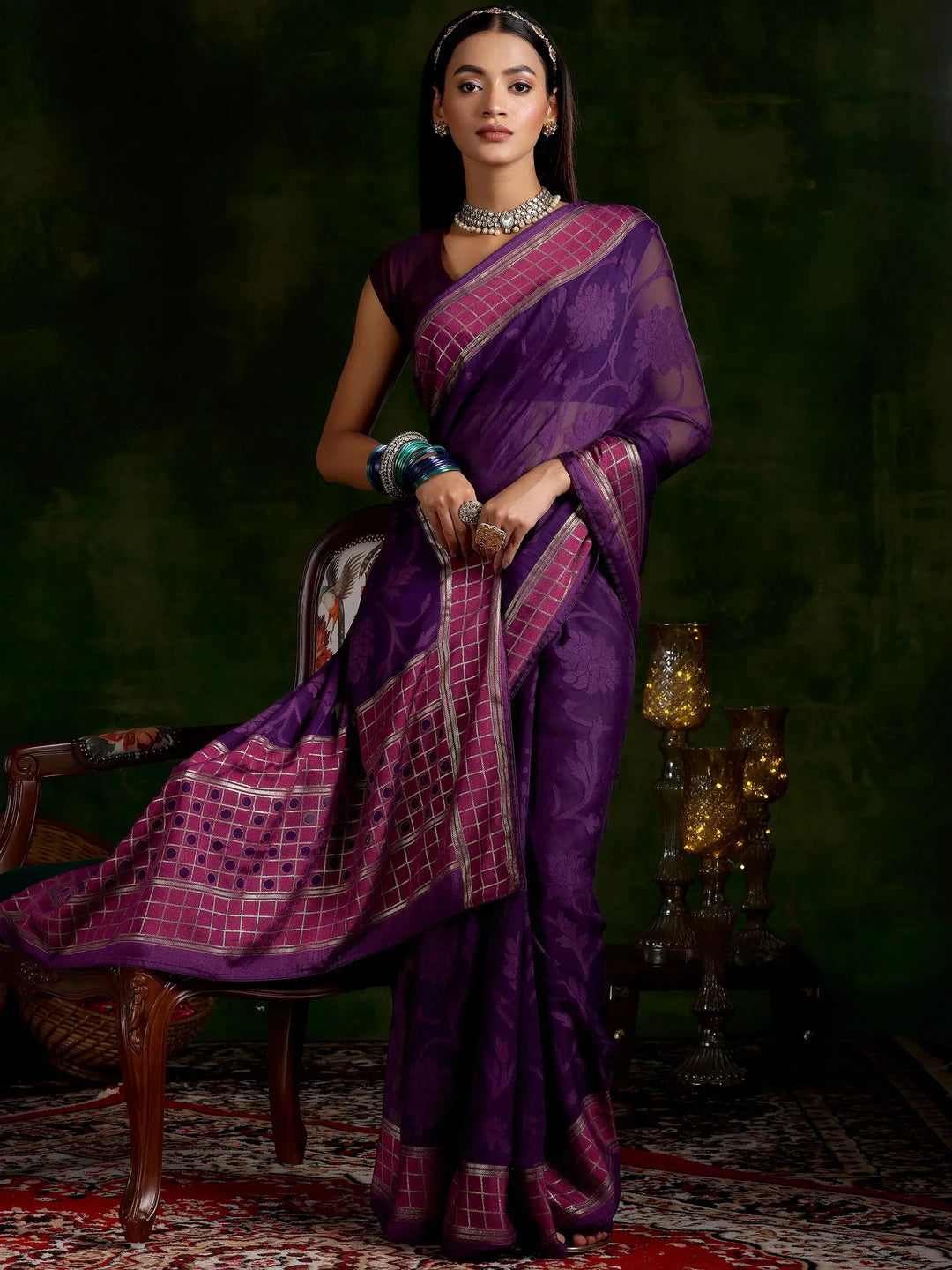  Purple Printed Silk Blend Saree With Unstitched Blouse Piece 