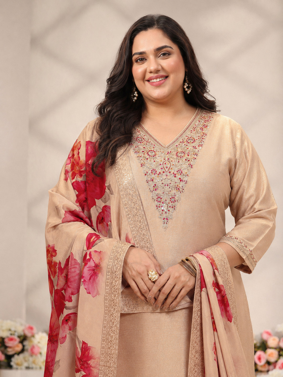  Plus Size Beige Floral Embroidered Silk Blend Straight Suit Set 