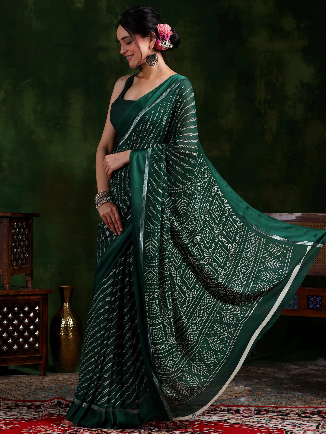 Green Printed Satin Saree With Unstitched Blouse Piece - Libas 