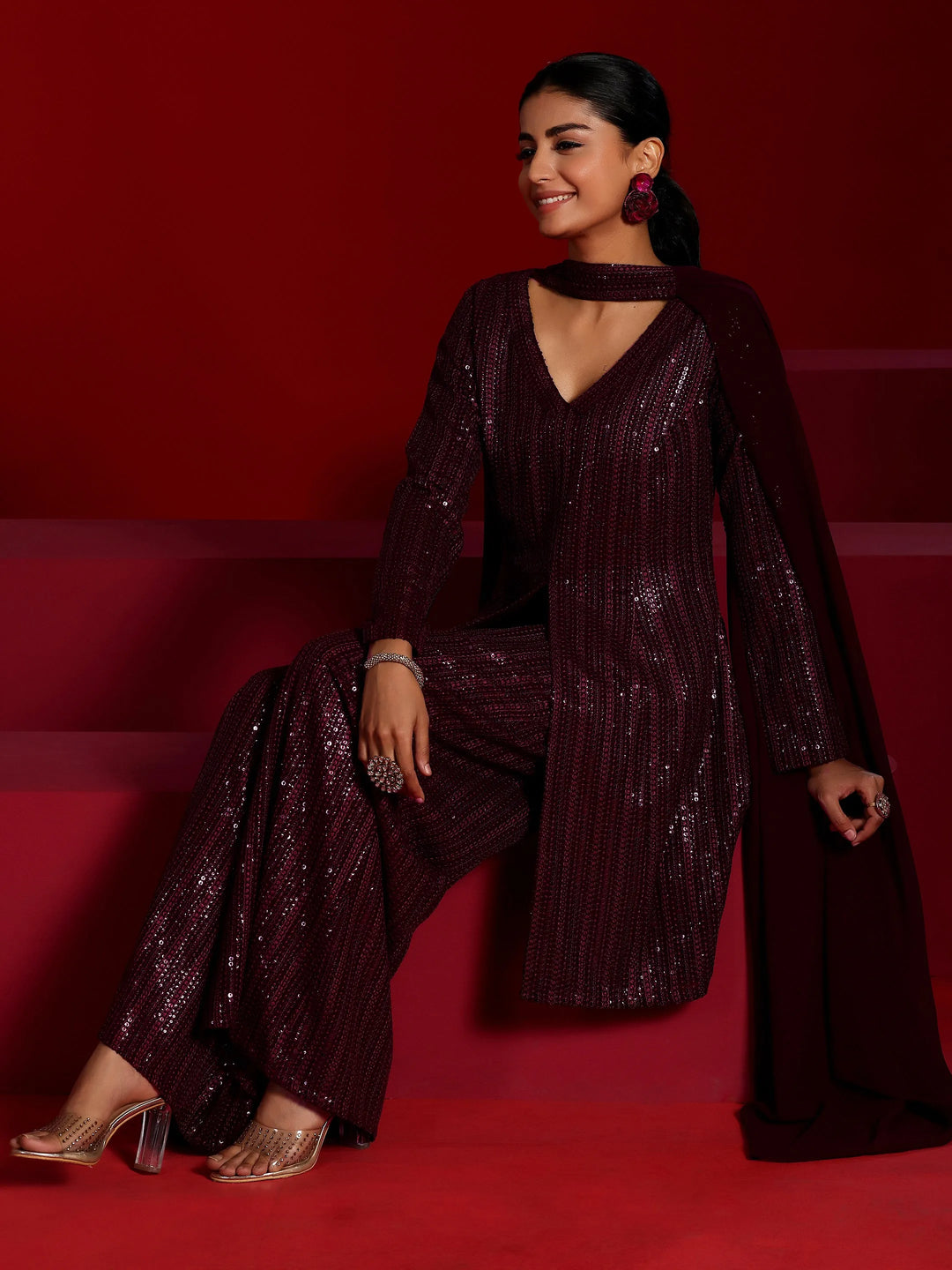  Libas Art Wine Embroidered Georgette A-Line Kurta With Palazzos & Dupatta 