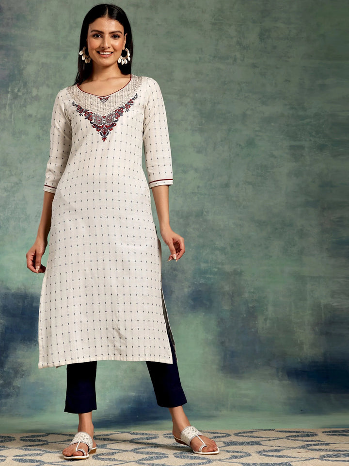 Off White Yoke Design Cotton Straight Kurta - Libas