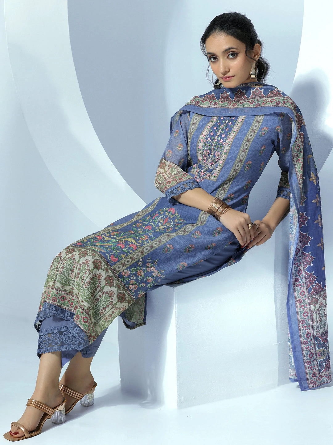  Blue Printed Cotton Blend Straight Suit With Dupatta 