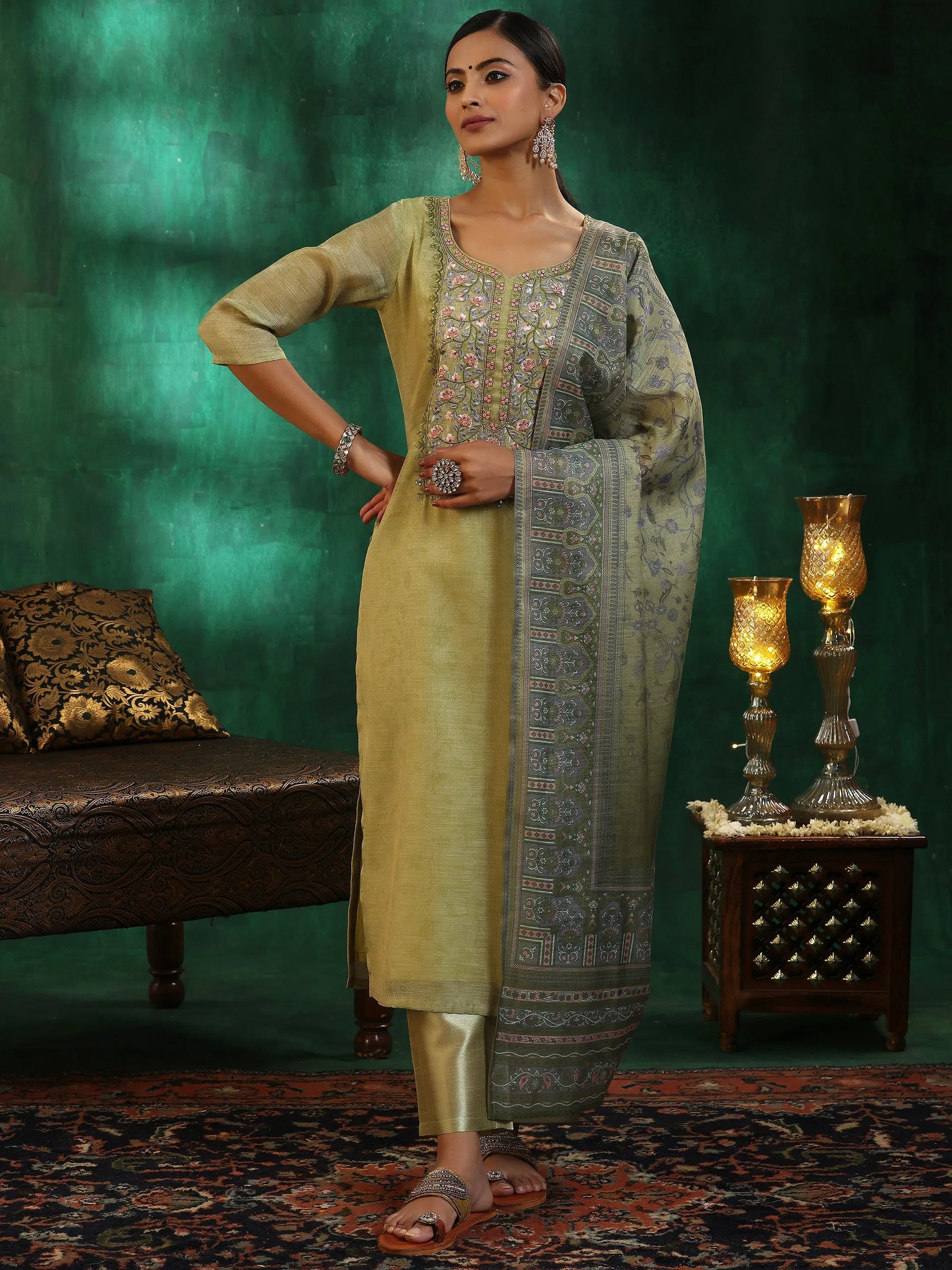 Green Yoke Design Silk Blend Straight Suit With Dupatta

