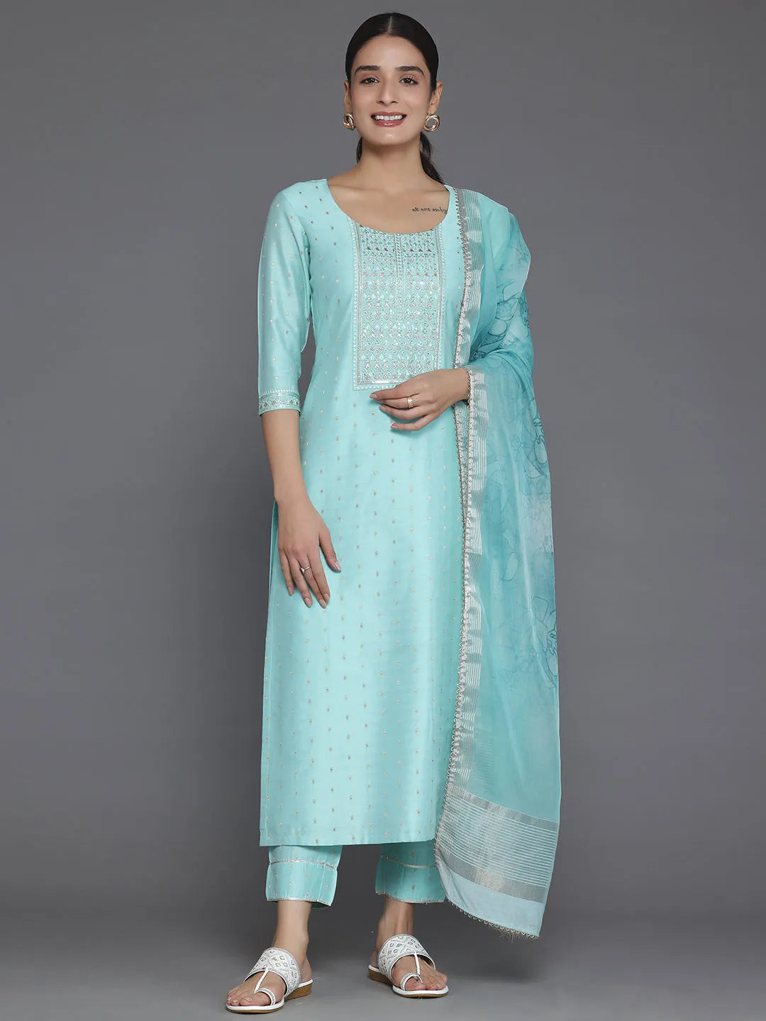 libas Turquoise Yoke Design Silk Blend Straight Suit With Dupatta-picture-24