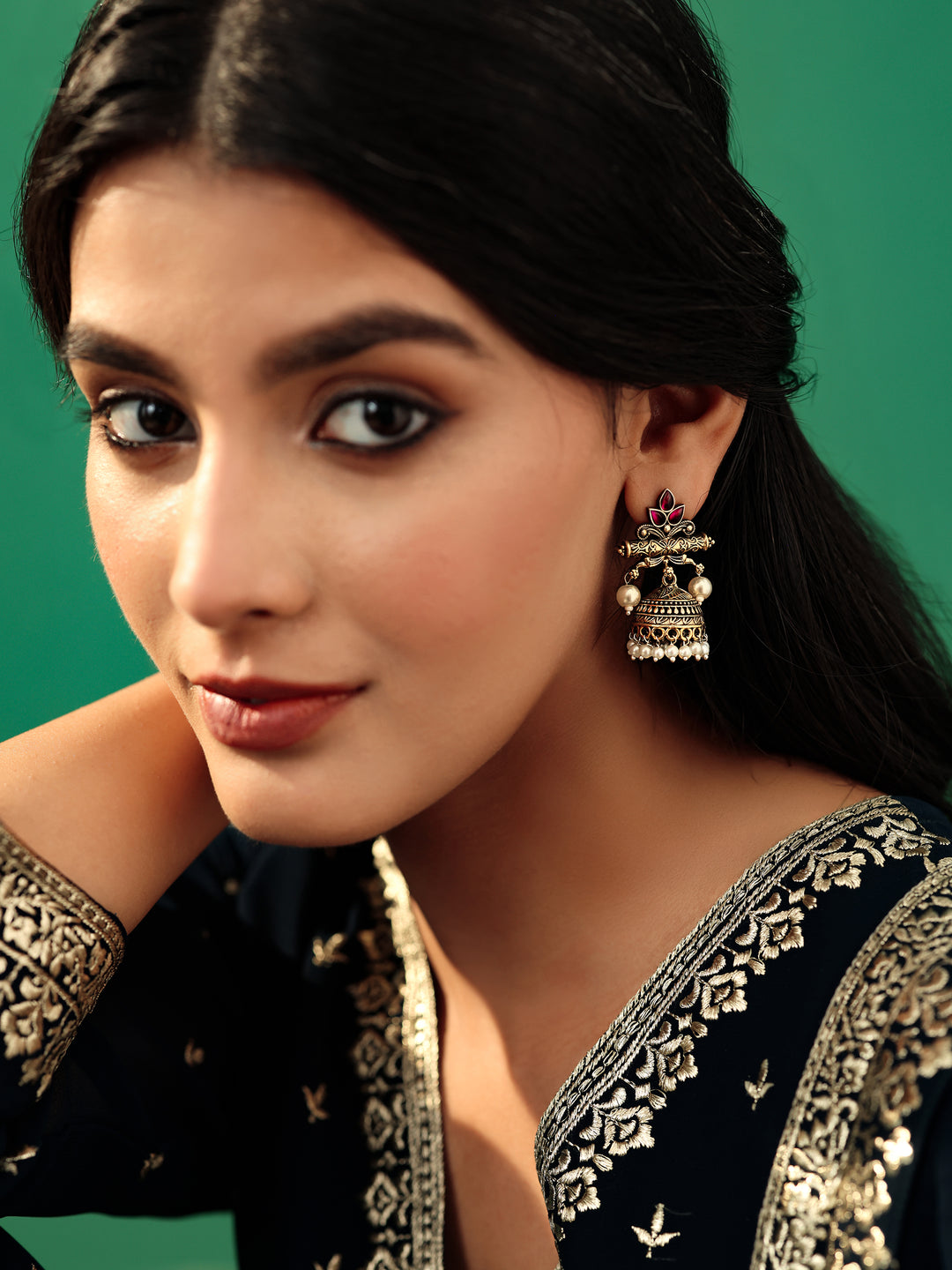  Libas Pink Stone & Pearl Drop Festive Jhumka Earrings  