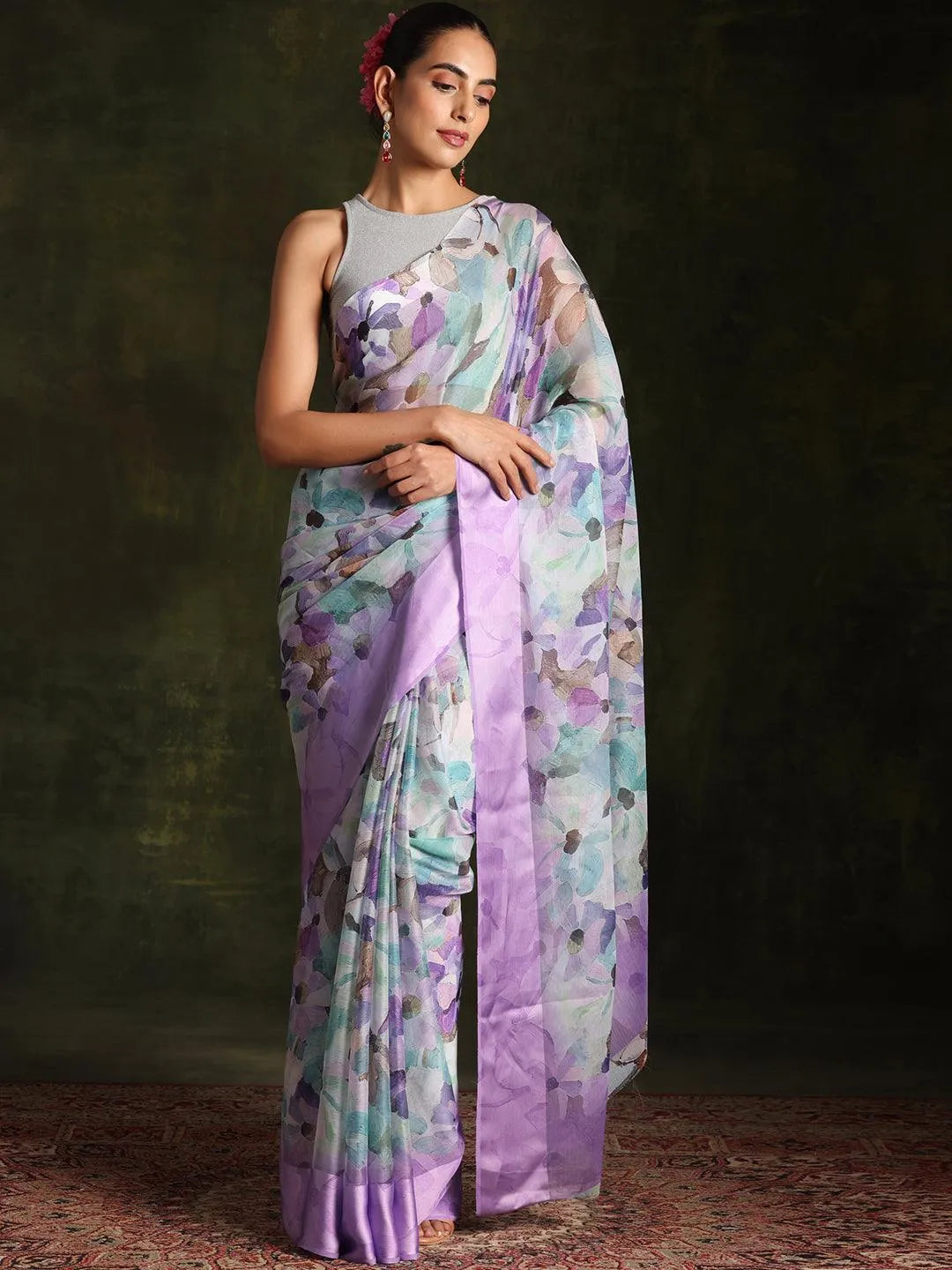 Lavender Printed Silk Blend Saree With Unstitched Blouse Piece - Libas 