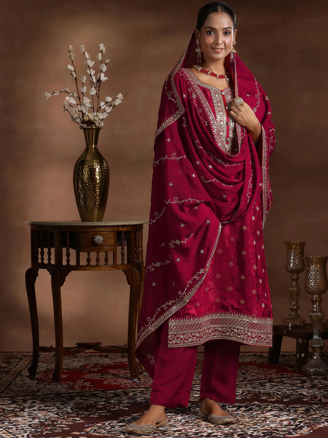  Maroon Woven Design Silk Blend Straight Suit With Dupatta 