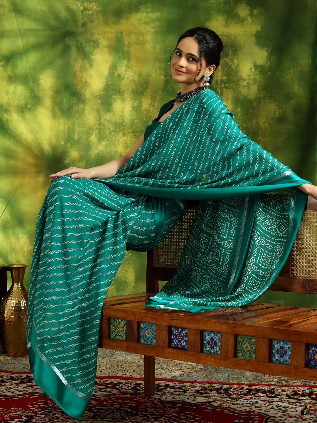 Green Printed Satin Saree With Unstitched Blouse Piece - Libas 