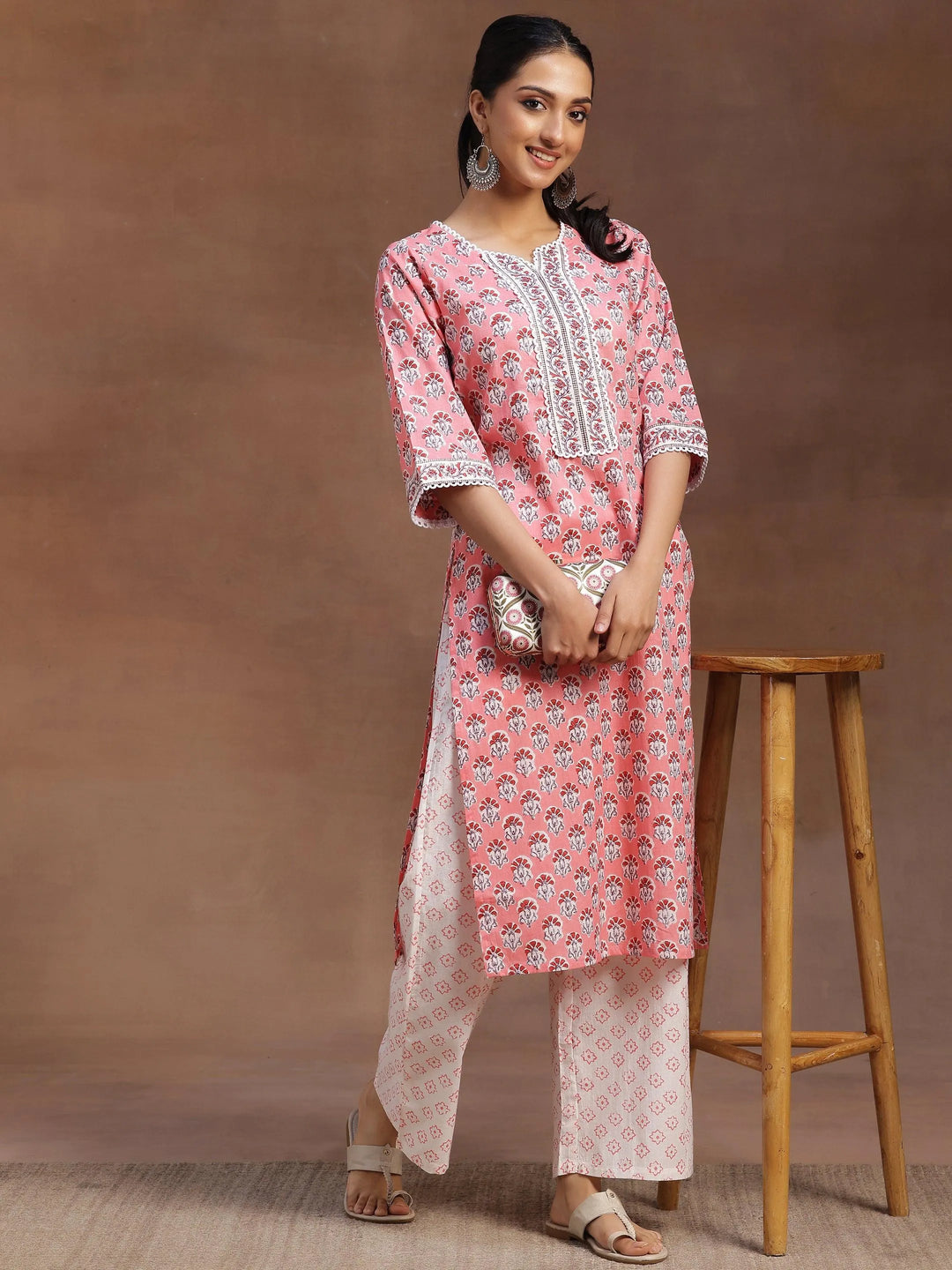 Peach Printed Cotton Straight Kurta With Palazzos - Libas