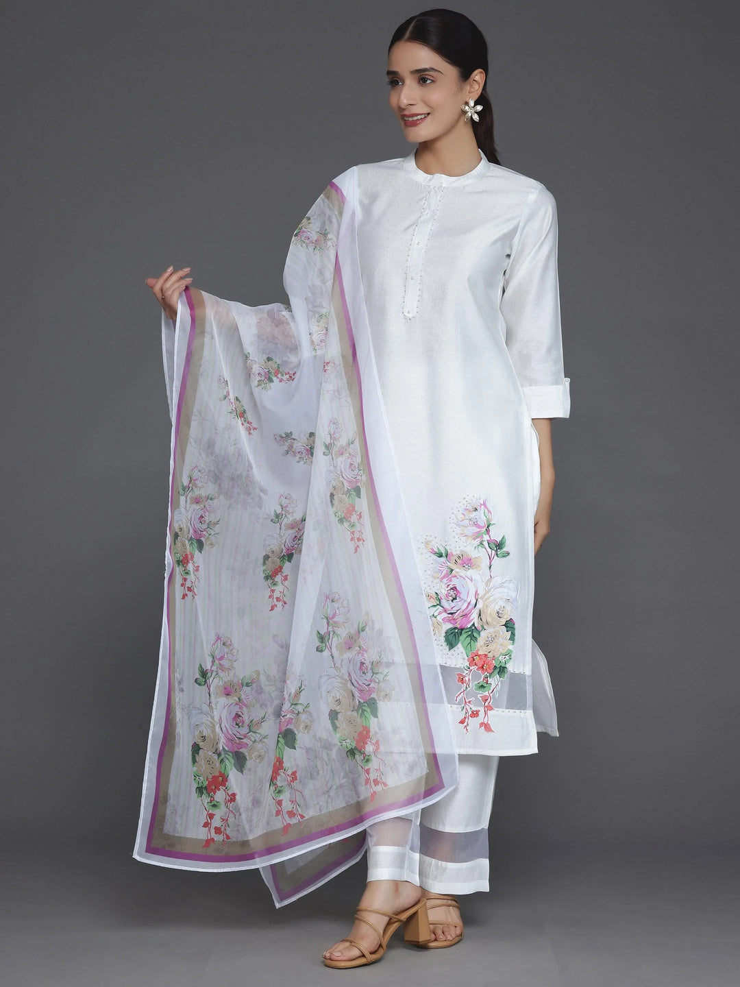 Off White Self Design Silk Blend Straight Suit With Dupatta - Libas 