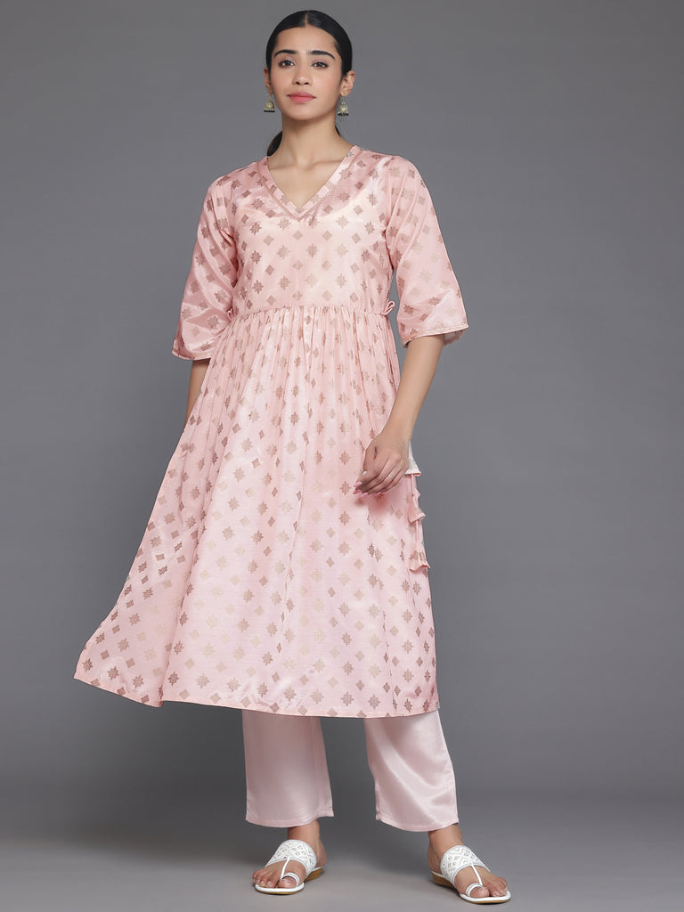 Libas Peach Printed Silk Blend A-Line Kurta With Trousers