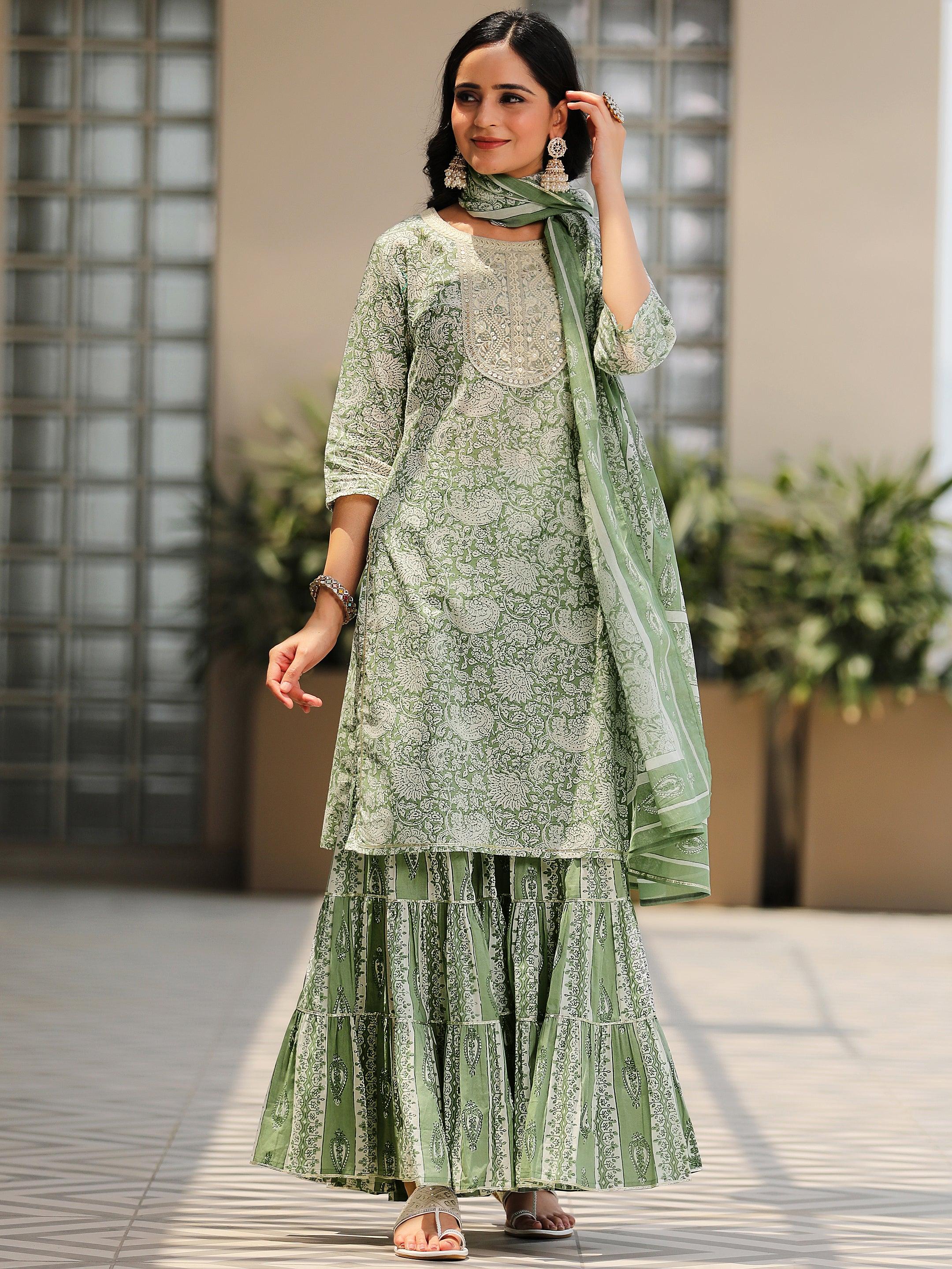 Green Yoke Design Cotton Straight Suit With Dupatta