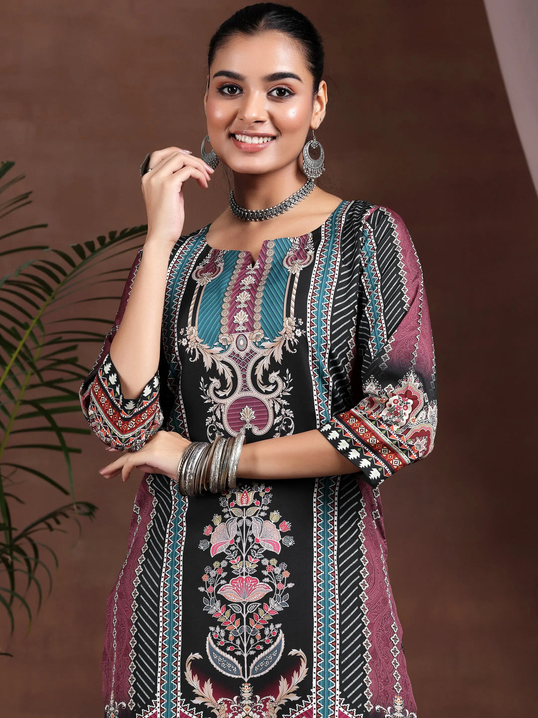  Black Printed Poly Crepe Straight Kurta Set 