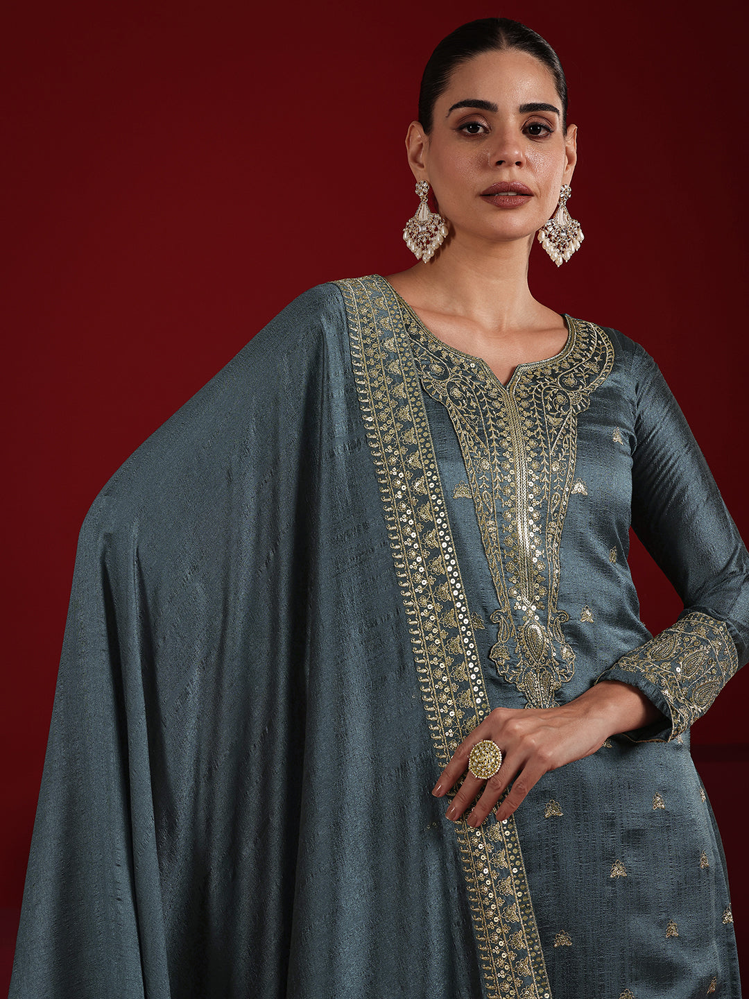 Libas Art Blue Embroidered Silk Blend Straight Suit Set With Dupatta-picture-66