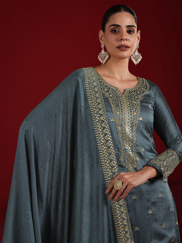 Libas Art Blue Embroidered Silk Blend Straight Suit Set With Dupatta