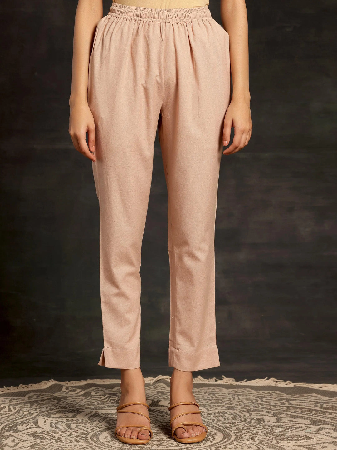 Peach Solid Cotton Straight Fit Trousers - Libas 