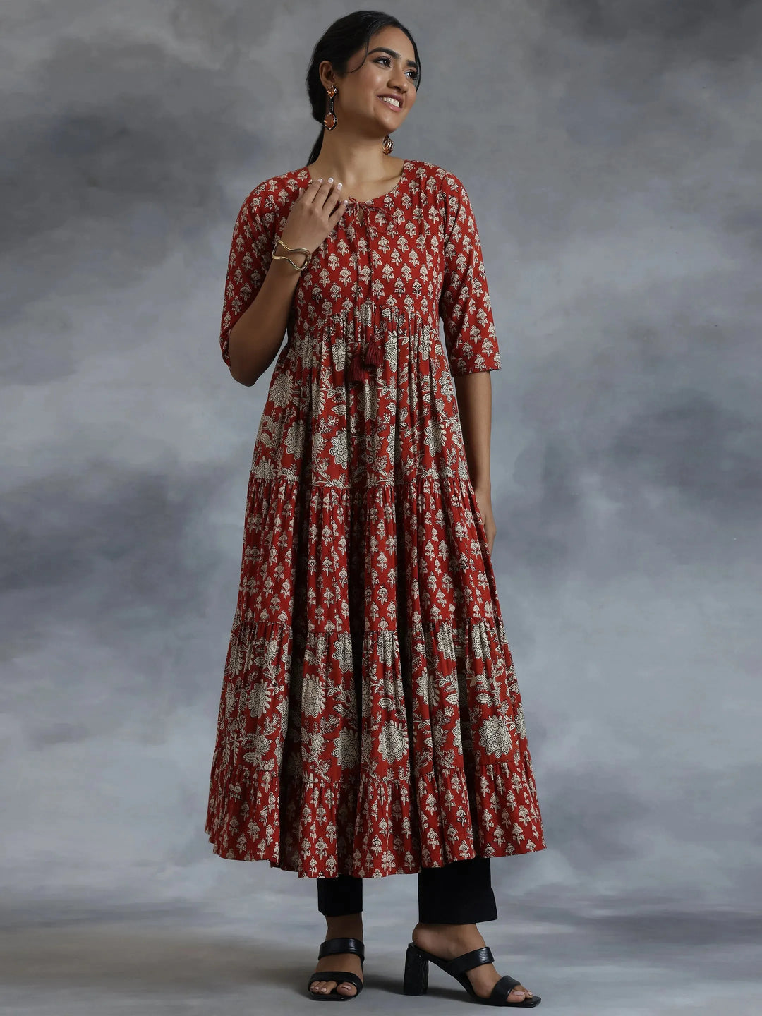  Rust Printed Cotton A-Line Dress 