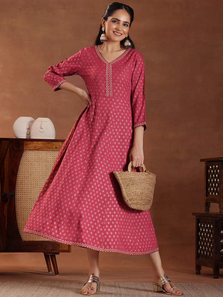 Libas Pink Printed Cotton A-Line Dress