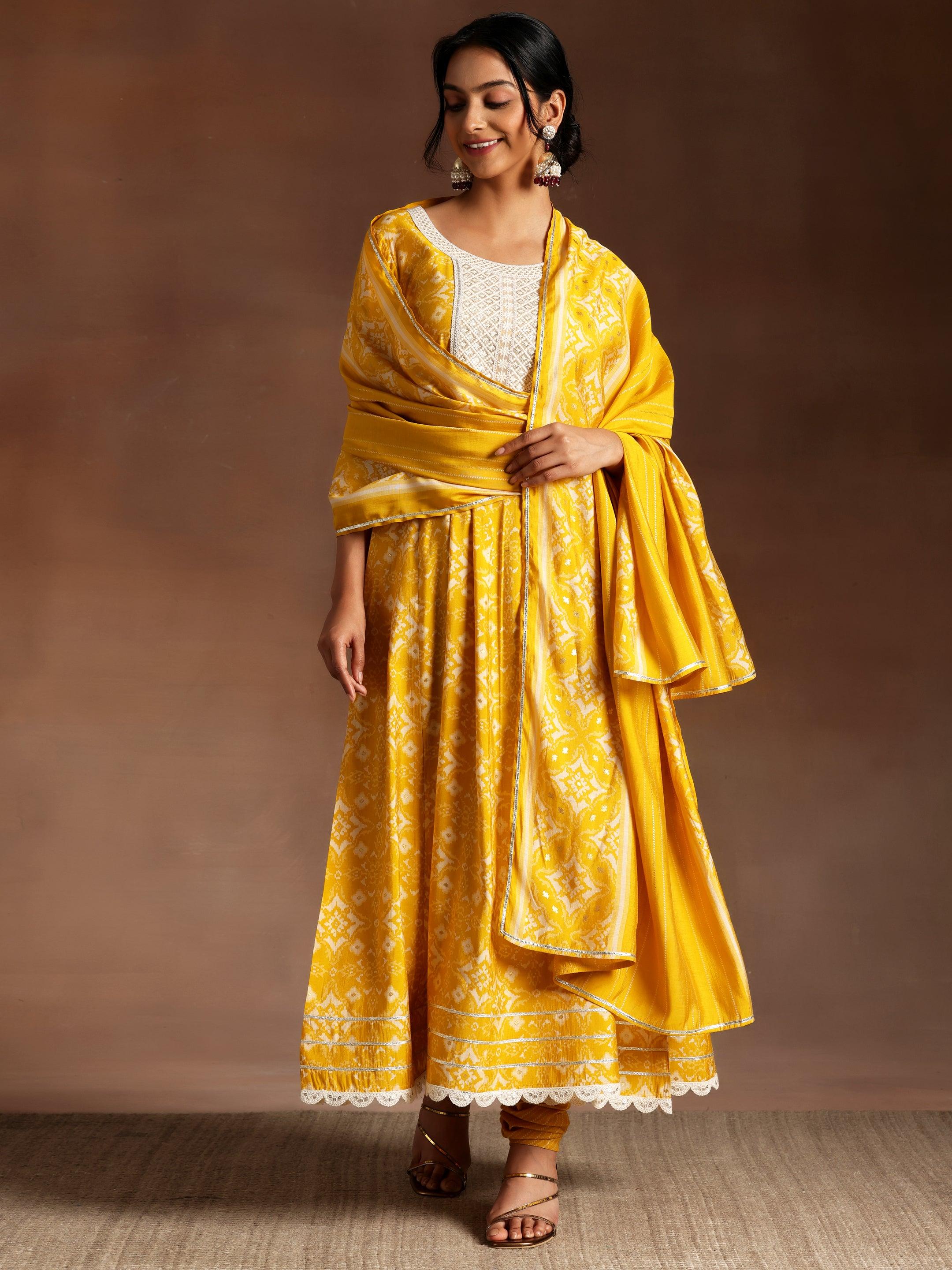 Mustard Printed Silk Blend Anarkali Suit With Dupatta