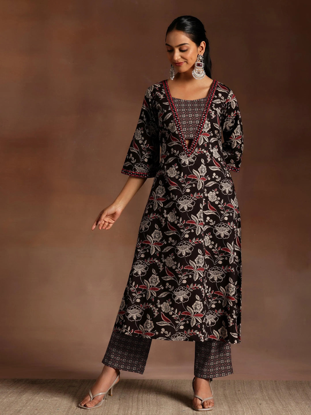 Black Printed Cotton A-Line Kurta With Palazzos - Libas