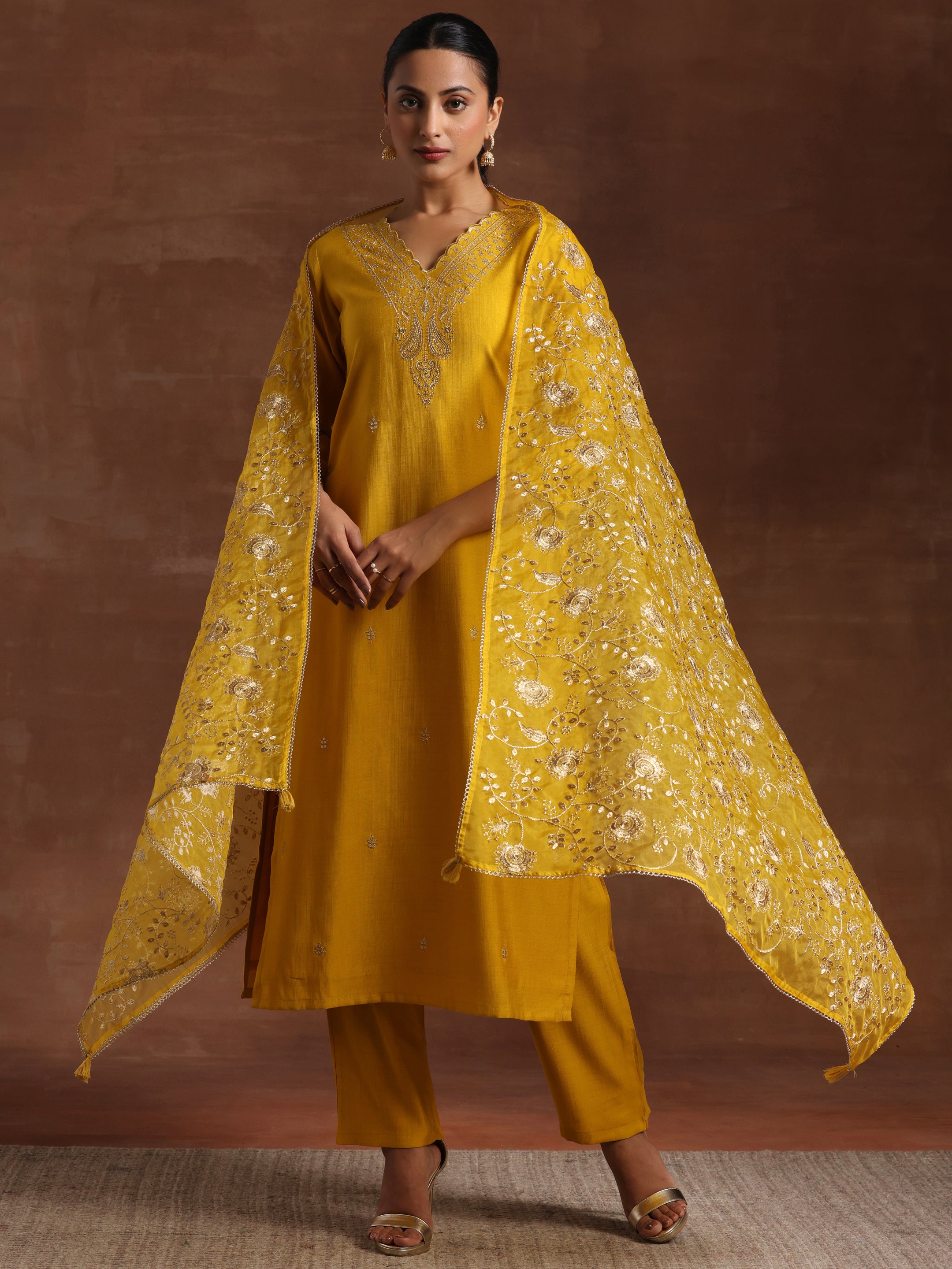 libas Mustard Embroidered Silk Blend Straight Suit Set With Dupatta-picture-53